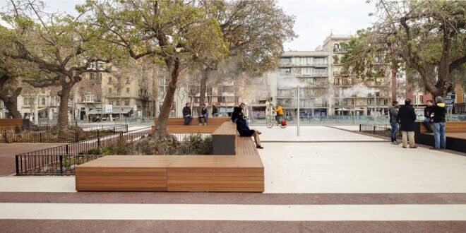 A brick sitting area that surrounds a tree