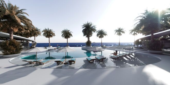 A pool area with palm trees, white chairs and white umbrellas