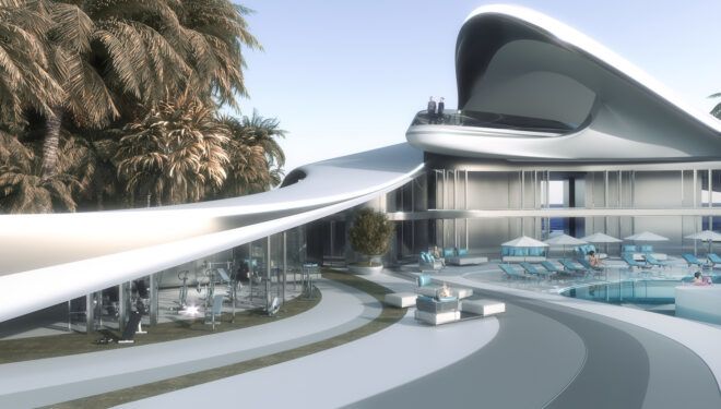An outdoor terrace area of the mansion on an artificial island