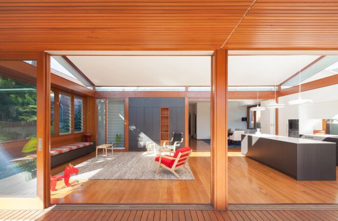 A wooden frame opens up to the living room