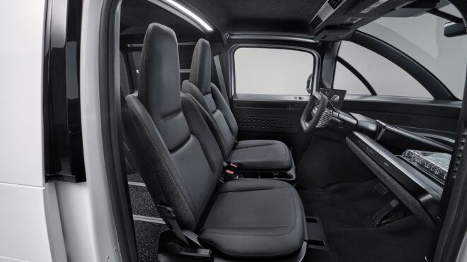 Interior black seating in the front