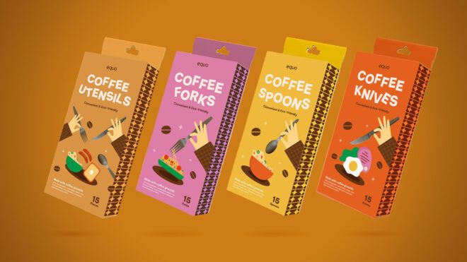 Four packages on edible forks and spoons in colors of brown, purple, yellow and orange