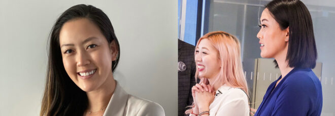 Two photos (left to right): A woman with long hair smiles, two women one with long pink hair and one with shoulder length hair look off to the side