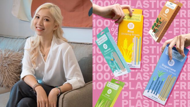 A blonde-haired Asian woman sits on a grey couch. The photo next to her is the EQUO products against a pink background that reads "100% plastic free"