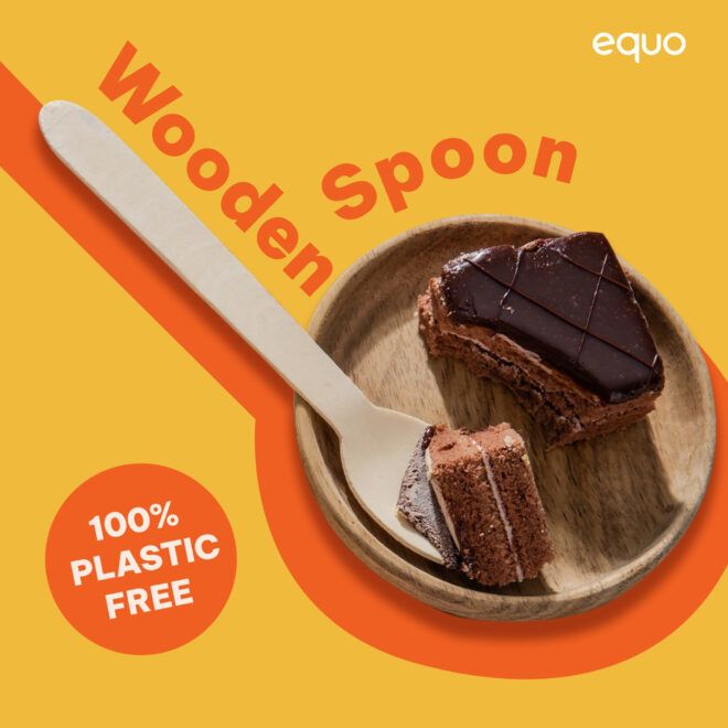 An orange-yellow background with a spoon resting on a plate of cake with the words "Wooden Spoon" and "100% plastic free"