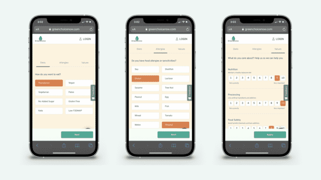 Three mobile devices with screenshots of GreenChoice dietary pages