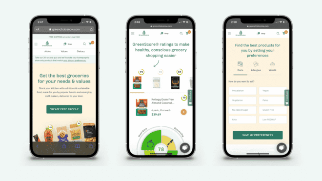 Three mobile devices with screenshots of GreenChoice dietary pages
