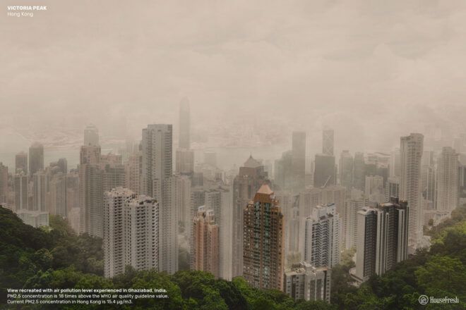 Hong Kong City skyscrapers covered by smog