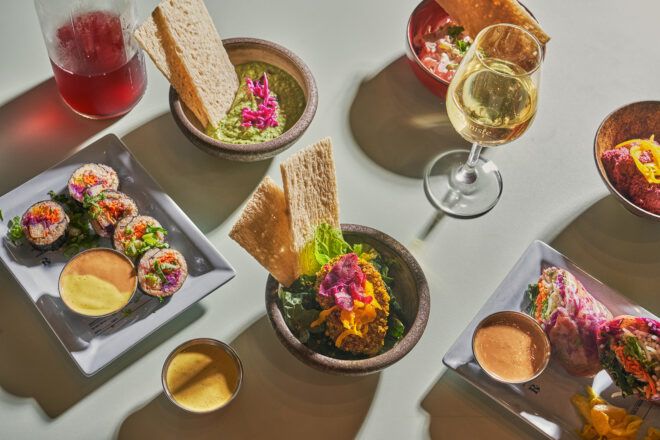 A spread of food and drinks