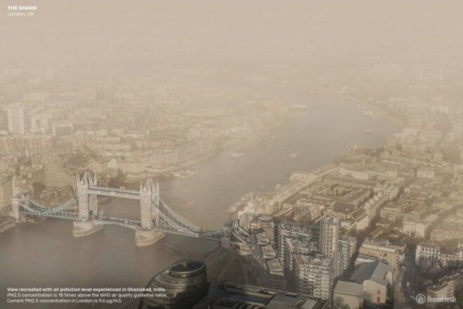 The London Bridge and the surrounding London city obscured by smog