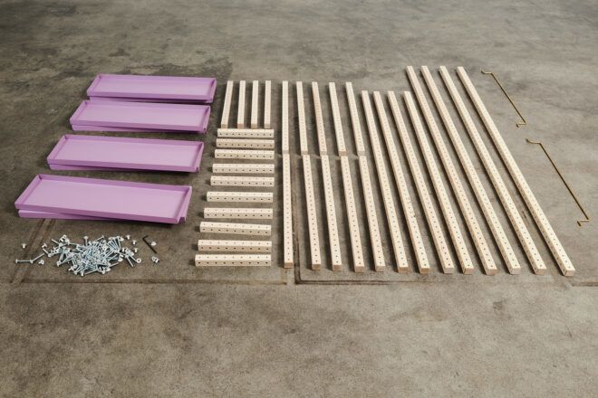 Individual wooden furniture parts and shelving disassembled into Loose Parts