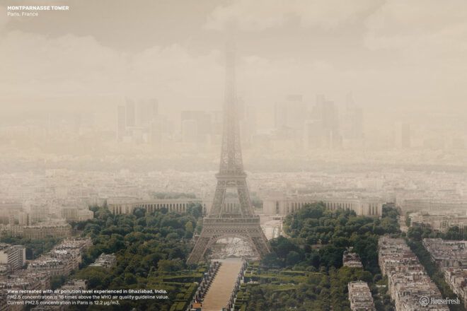 The Eiffel Tower and Paris city landscape covered in smog