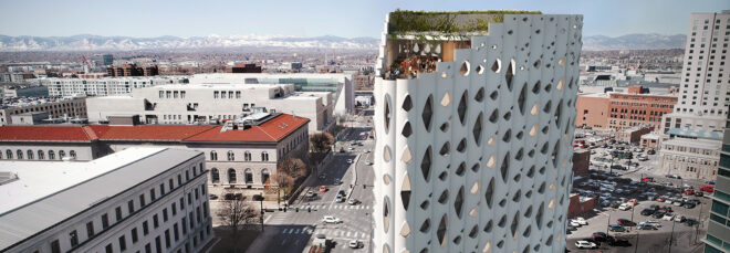 Aerial view of the triangle roof of the Populus hotel building