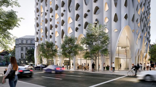 The street view of Populus, a white building with multiple half circle cut-out windows
