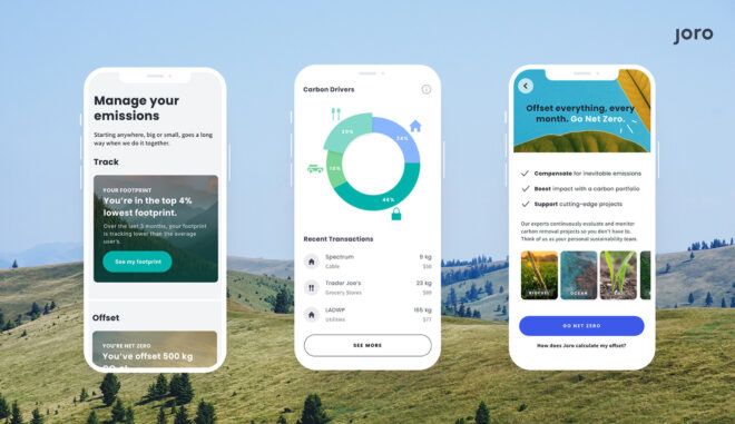 Three phone screens with screenshots of the Joro applications