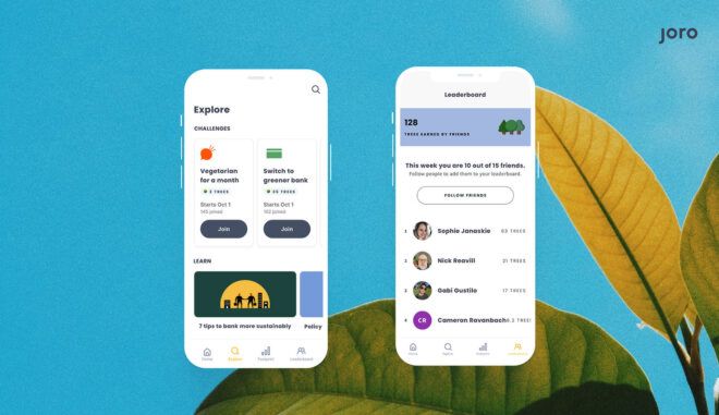 Two phone screens with screenshots of Joro app functionalities
