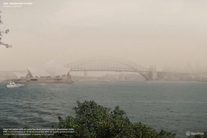 Sydney bridge and water line covered in smog