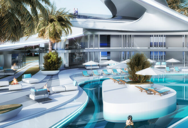 A close-up of the pool area with white benches and umbrellas lined around it