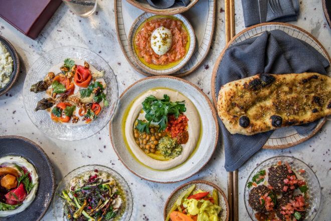 A dinner spread of different vegetarian foods