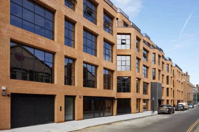 A row of a brick office building