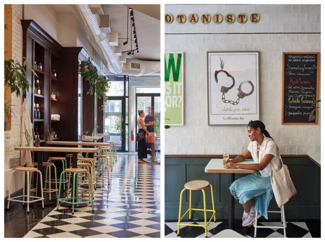 Left to right: An interior of a restaurant with metal benches and tables on a checkered black and white tile floor. On the right is a woman sitting on a metal stool