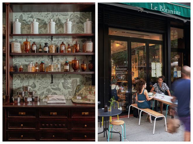 Left to right: A wooden shelf filled with kitchenware. On the right is the outside of the restaurant with a table and benches
