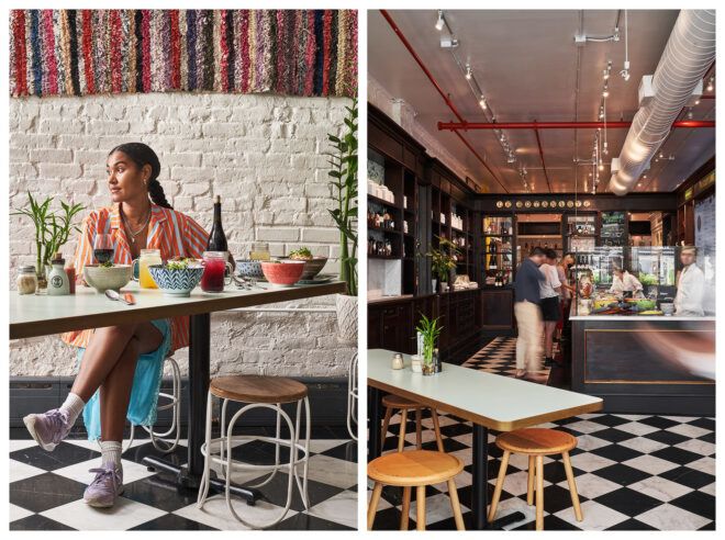 A woman looking off to the side sitting on a table with checkered floors. The photo on the right is interior of the restaurant featuring black and white tiles