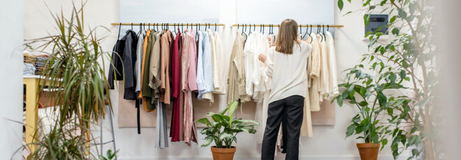 A woman turned toward a rack of clothes shopping