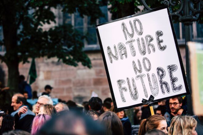 A crowd of people protesting with a sign held above the general heads that reads "No nature, no future"