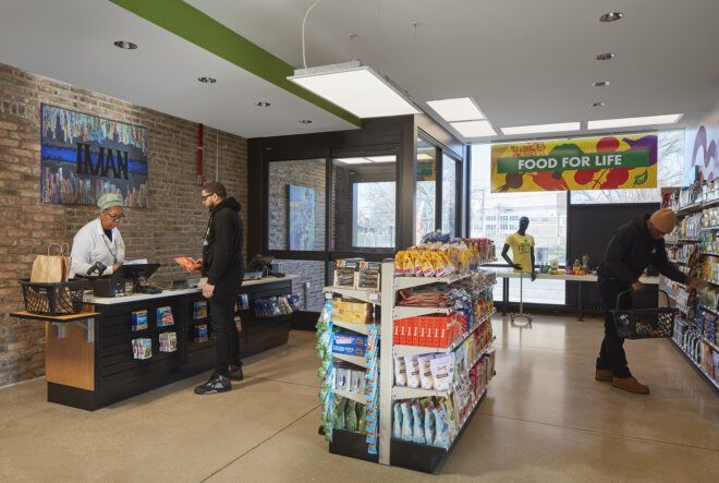 A supermarket with stands of food