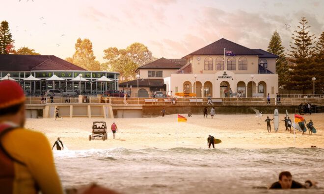 A building set in front of a beach