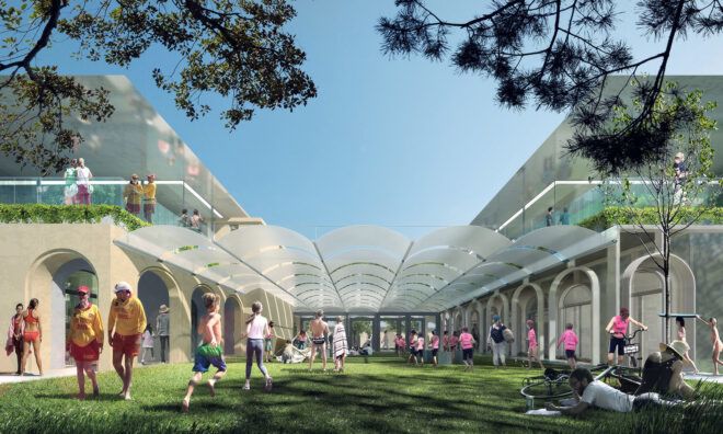An outside pavilion area with a shaded roofing