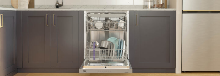 The front of an opened dishwasher featuring the plates and bowls within
