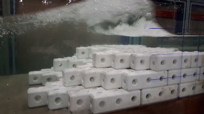 Artificial coral blocks in a pool of water