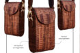 Three hanging cross body bags with vertical and horizontal strips of Leukeather material