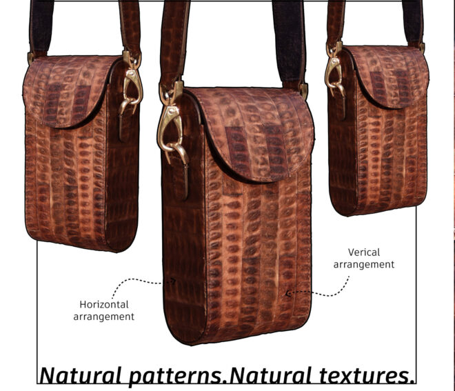 Three hanging cross body bags with vertical and horizontal strips of Leukeather material