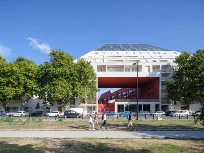 A white building with a rectangle cutout area