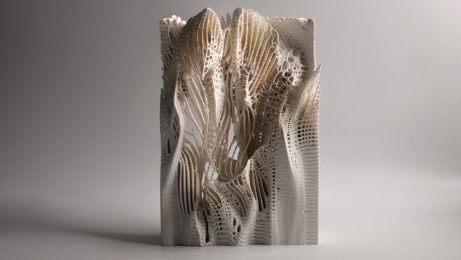 A tan-colored fibrous sculpture