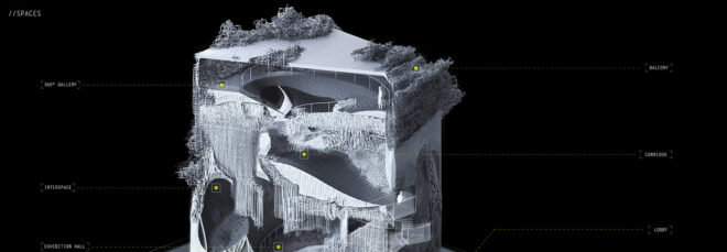 A abstract gray sculpture looks like a high-rise