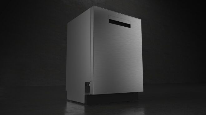 A gray dishwasher sits within a black background