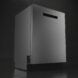 A gray dishwasher sits within a black background