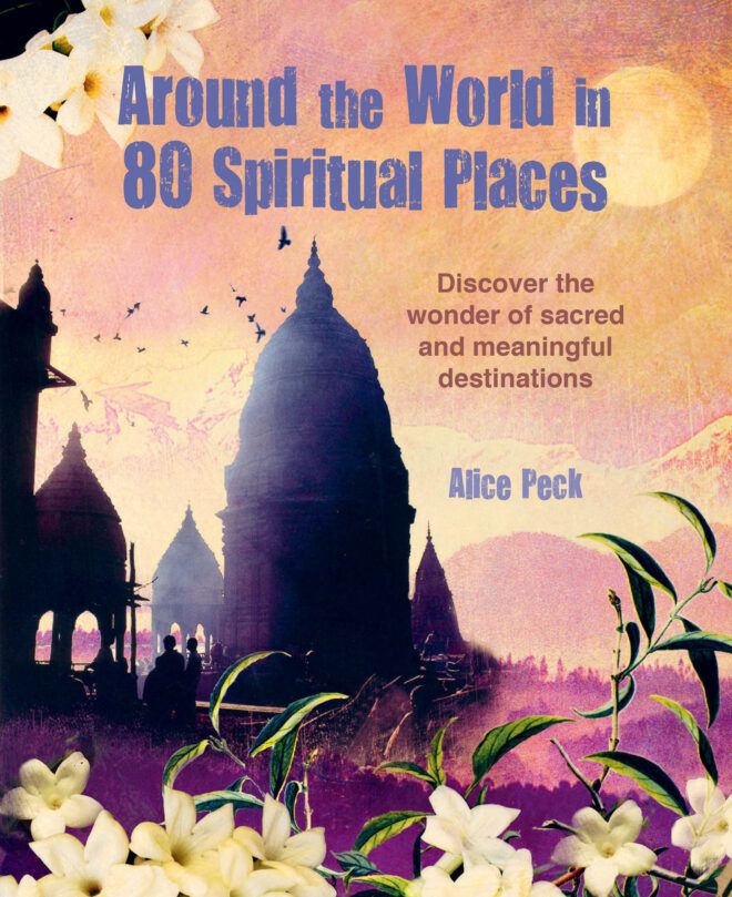 A book cover with a silhouette of a cathedral against a sunset sky. The title reads "Around the World in 80 Spiritual Places"