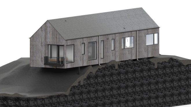 A black and white rendering of a house planted into the dirt