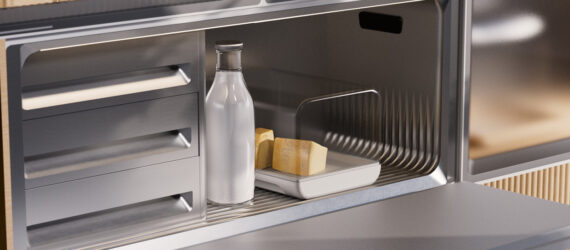A compartment with cheese and milk
