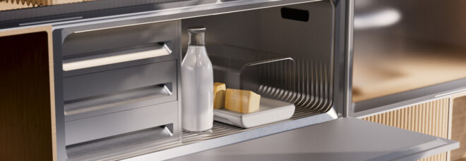 A compartment with cheese and milk