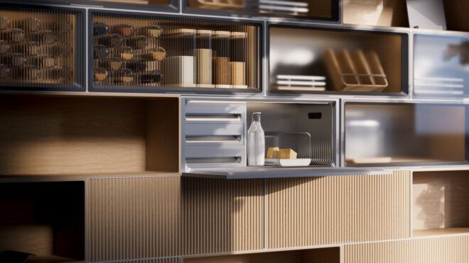 A wall of food with a cabinet popped open