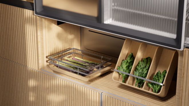 A compartment with vegetables and plates