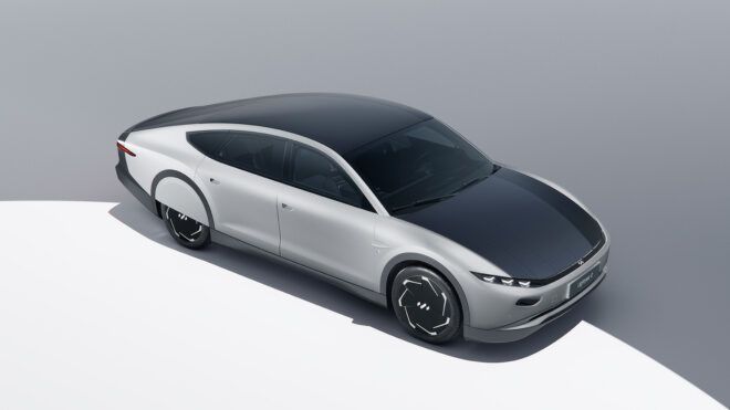 Lightyear One solar car, a sleek gray electric vehicle