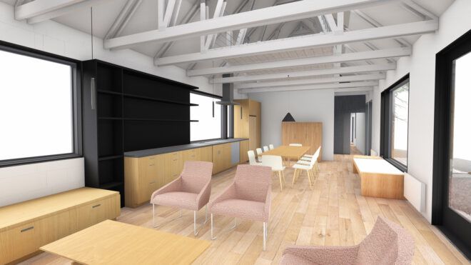 A living room area and in the background is a dining table with chairs around it