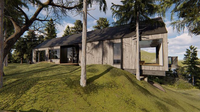 A cabin on a hill in the woods